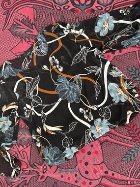 Alfani Black Floral Blouse with Blue and Tan Accents